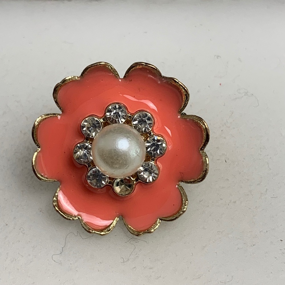 Coral Pink Enamel Flower Brooch Gold Tone Faux Pearl Rhinestone Pin 1 Inch